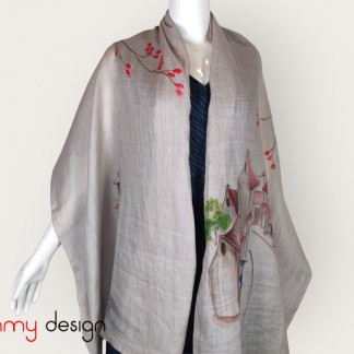 Gray ramie scarf hand-painted with Old Quarter 